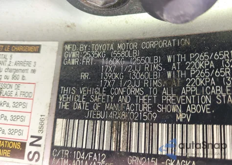 2008 Toyota 4Runner Sr5 V6 from USA, damaged, VIN JTEBU14RX8K021509